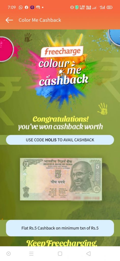 Freecharge Holi Colour Me Cashback Offer